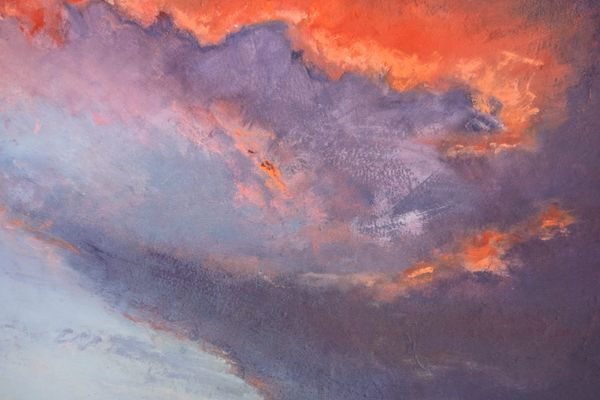 Nancy Lewis: Palisade Sunset, Oil painting of a dramatic sunset sky with orange-lit clouds
