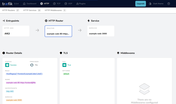Screenshot of DDEV router and Traefik running on a `.ddev.site` subdomain in a browser window