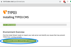 Screenshot of a browser with a TYPO3 install in progress, with emphasis on a button that reads “No problems detected, continue with installation”