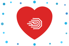 A big red heart with the DDEV logo at its center, surrounded by scattered blue dots representing the community