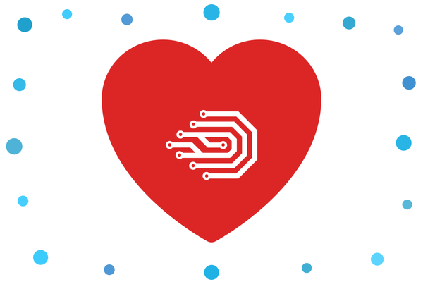 A big red heart with the DDEV logo at its center, surrounded by scattered blue dots representing the community